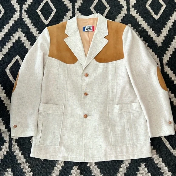 Brad Whitney cream linen and tan suede men’s sport coat blazer size 44 - Picture 1 of 13